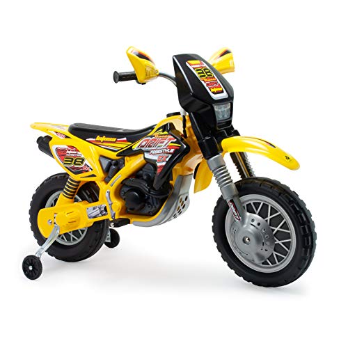INJUSA - Moto Cross Thunder Max, Elektromotorrad für Kinder von 3 bis 6 Jahren, 12V Batterie, Gaspedal am Lenker, Bremse, Kunststoffräder, Stützrädern, 6 Km/h, Farbe Gelb von INJUSA