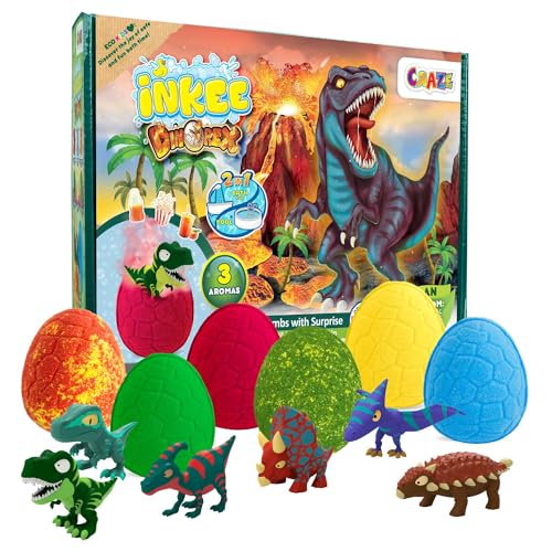 INKEE Geschenkbox DINO Box mit 6 Kinder Badebomben, enthält 6 verschiedene Dinosaurier Figuren zum Sammeln - 6x Badekugeln Kinder mit Überraschung von INKEE