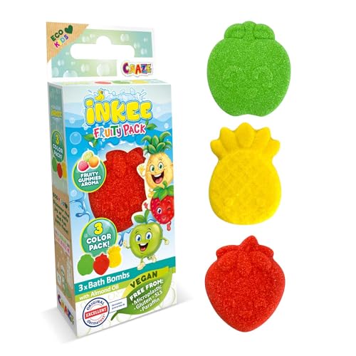 INKEE Fruity Pack 3 Badekugeln, Badebomben Kinder mit 3 verschiedenen Fruchtformen - Apfelgrün; Erdbeerrot; Ananasgelb, mit Jojobaöl und Fruchtgummi-Aroma von INKEE