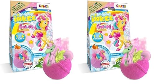 INKEE Galupy Unicorn | Badebombe Kinder mit Überraschung, Badekugel 100g mit GALUPY Einhornfiguren, Karamellduft & Jojobaöl (Packung mit 2) von INKEE