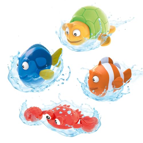 INKEE Toys Wind-Up 4er Pack - 4 Stück aufziehbare Badespielzeuge 1x Schildkröte 1x Krabbe 1x Clownfisch & 1x Blue Tang - Badewanne Spielzeug Kinder von INKEE