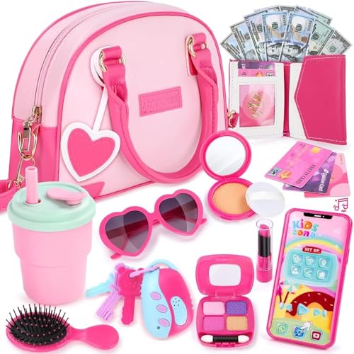 Handtasche Für Kinder Mädchen Mit Make-Up Vortäuschen - Mein Erstes Handtaschen-Set mit Handtasche, Handy, Geldbörse, Schminkspielzeug und mehr für Mädchen ab 3 Jahren, Geschenkidee für Kinder (Rosa) von INNOCHEER