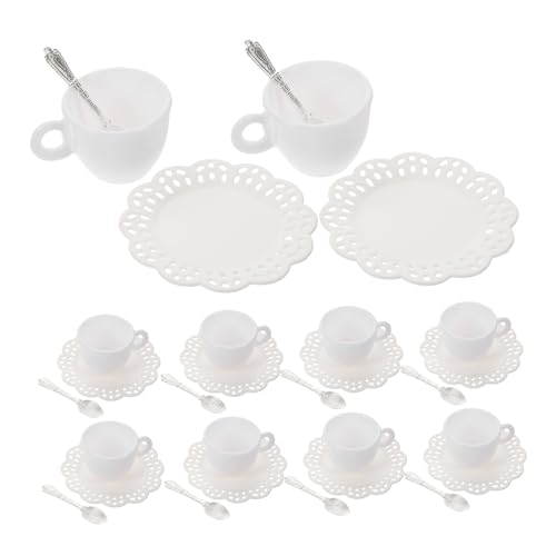 INOOMP 10 Sets Miniatur-kaffeetassen-Set Aus Kunststoff Mit Tellern Mit Spitzenrand Und Metalllöffeln. Realistische Weiße Puppenhaus-Tasse. Winzige Teetassen Für von INOOMP