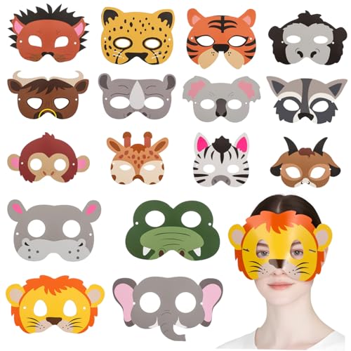 INOOMP 16 Stück Teiliges Tiermasken aus Papier Lustige Kostüm Masken für Partys Karneval Schulaufführungen und Fotoboxen Leicht und Bequem Elastische Bänder für Optimalen Sitz von INOOMP