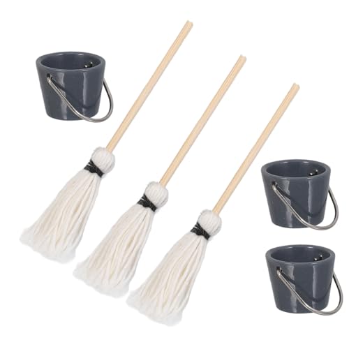 INOOMP 3 Sätze Simulierte Eimer -MOP -Kombination Mini-Puppenhaus Bausatz Dekorationen Reinigung Mini- Mini-Mopp-Eimer-Set Miniaturdekoration Mini-Eimer Simulation Moppeimer Eisen von INOOMP