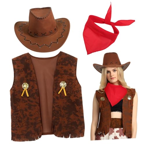 INOOMP Jeans Tanzkostüme Cowboyhut für Jungen Boys Cowboy -Kostüm Outfit Weste Kostümparty Karneval Kinderkleidung Halloween Kostümzubehör Partyzubehör im Cowboy-Stil Plastik Brown von INOOMP