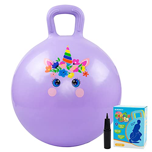 INPODAK Hüpfball für Kinder, Hüpfbäll ab 3 4 5 6 Jahre, 18 Zoll Hopper Ball, Sprungball für Jungen Mädchen, Kleinkinder Springbälle, Garten Spiel Drinnen Draußen Violett Einhorn von INPODAK