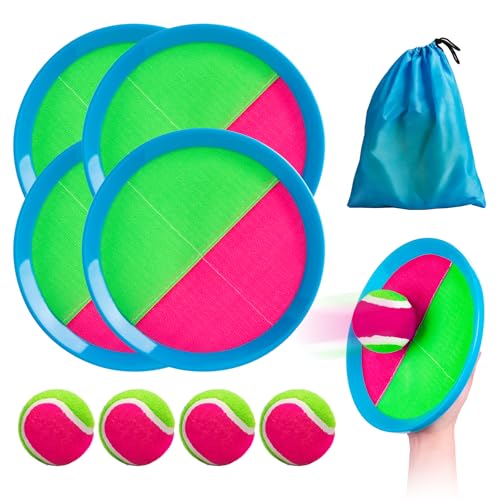 INPODAK Klettballspiel für Kinder,Wasserdicht Ballwurf und Fangspiel Set,Gartenspielzeug Outdoor Spiele für 3-12 Jahre,2er Set Strandbälle 4 Paddel & 4 Bälle,Sommer Strandspielset für Familien von INPODAK
