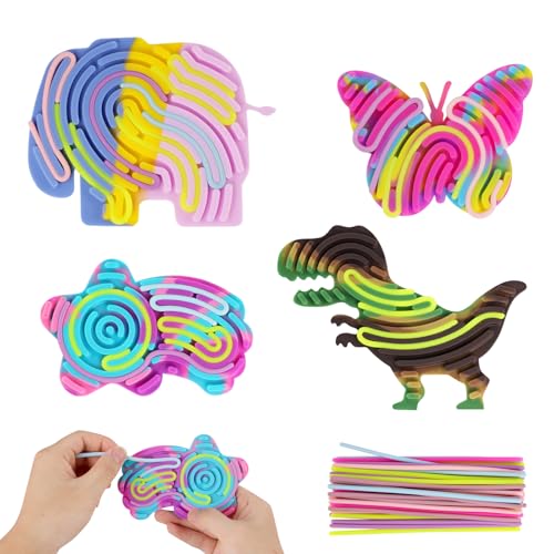Sensorik Spielzeug Activity Board, 4 PCS Doppelseitiges Silicone Sensory Fidget Toys für Autismus ADHS Stress Anxiety, Silikon Sensory Toys für Kinder ab 3 Jahr & Erwachsene mit 60 Zubehör Schnüren von INQUIRLLY