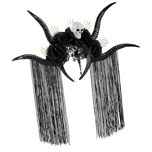 Totenkopf-Antilopen-Horn-Kopfschmuck mit Blumenquasten, Dekor, Punk-Haarband für Maskeraden und Halloween-Partys, Halloween, Blume, Kopfschmuck für Erwachsene von INSEOWI