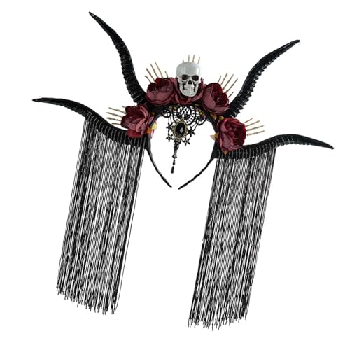 Totenkopf-Antilopen-Horn-Kopfschmuck mit Blumenquasten, Dekor, Punk-Haarband für Maskeraden und Halloween-Partys, Halloween, Blume, Kopfschmuck für Erwachsene von INSEOWI