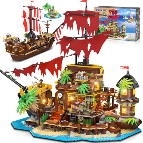INSOON Piraten Schiffswrack Haus Mini Baukasten mit LED, 2 in 1 Piratenschiff Bauklotz 1854 Stück, Schiffswrack Modell Heimdekor Piratenschiff Spielzeug Geschenk für Erwachsene Kinder Jungen ab 10-12+ von INSOON