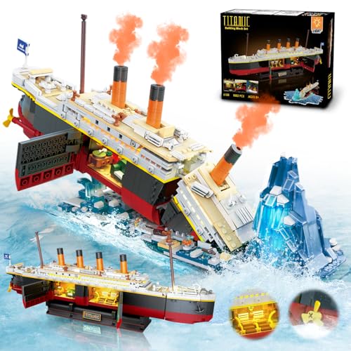 INSOON 2 in 1 Titanic Bauspielzeug mit LED Licht, 1883 Stück Titanic Schiff 3.6mm Mini Baukasten mit Gletscher, Schiff Modell Klemmbausteine Spielzeug, Geschenk für Erwachsene Jungen Mädchen 8-12+ von INSOON