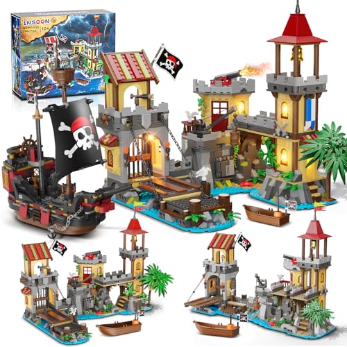 INSOON Piraten Burg Bauspielzeug mit Licht Piratenschiff, 3 Modi Piratenhafen Baustein, 1502 Stück Mittelalterliches Piraten Haus Klemmbausteine Spielzeug für Erwachsene Jungen Mädchen 10+ von INSOON