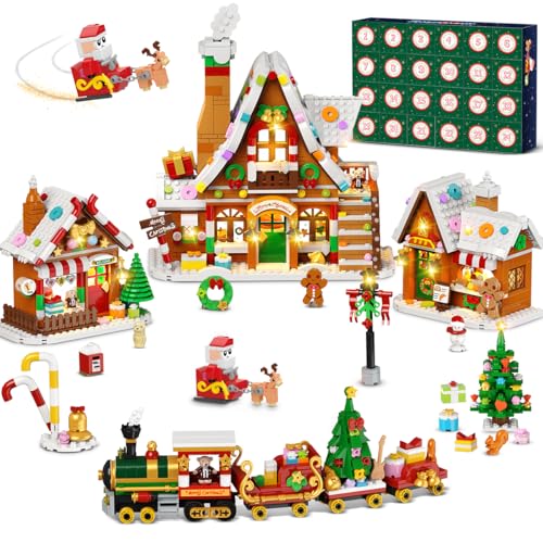 INSOON Adventskalender 2025 Lebkuchenhaus Mini Bauspielzeug mit Beleuchtung, 24-tägiges Countdown Weihnachtsdorf Bausteine mit Weihnachtsbaum, Geschenk für Erwachsene Kinder Jungen Mädchen ab 12+ von INSOON