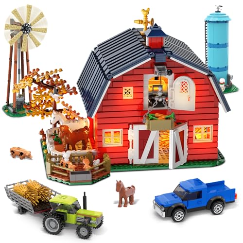 INSOON Bauernhof Scheunen Bauset mit Licht, Neu Verbessert mit Verstärkter Struktur, 1419 Stück Bauernhof Haus Bauspielzeug mit Tieren, Klemmbausteine Geschenk für Erwachsene Jungen Mädchen 10-12+ von INSOON