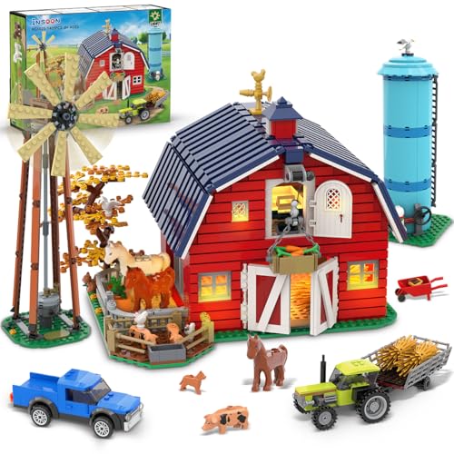 INSOON Bauernhof Haus Klemmbausteine mit LED Licht, Bauernhof Scheunen Bausteine mit Windmühle Traktor Pferden Tieren, 1405 Stück Freunde Bauspielzeug für Erwachsene Teen Jungen Mädchen 8+ von INSOON
