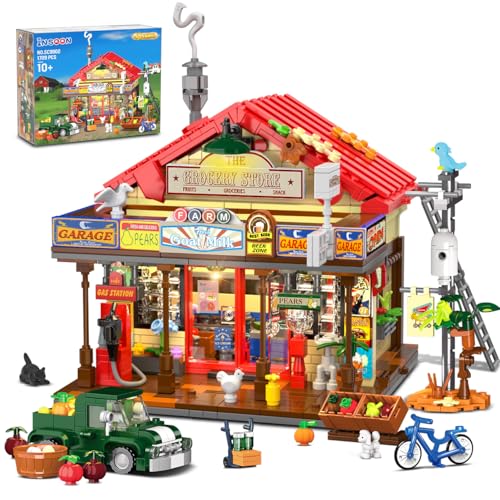 INSOON Landladen Bauset für Erwachsene mit LED Licht, 1709 Stück Vintage Gemischtwarenladen Haus Klemmbausteine, Architektur Modell Bauspielzeug für Damen Herren Jugendliche Jungen Mädchen ab 12+ von INSOON