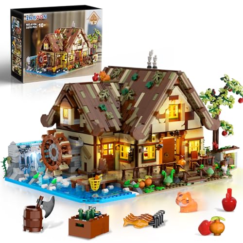 INSOON Holzhaus Bauspielzeug mit LED Licht, 2570 Stück Holzhütte Waldhaus Mini Baustein Spielzeug mit Wasserrad Teich Tiere, Haus Klemmbausteine Modell für Erwachsene Teens Jungen Mädchen 10-12+ von INSOON