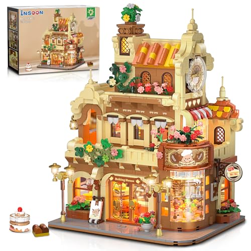 INSOON Stadt Bäckerei Cafe Haus Bausteine mit Licht, 1289 Stück Bäckerei Gebäude Bauspielzeug mit Kuchen Brot Backstube, Klemmbausteine Modell für Erwachsene Teenager Kinder Jungen Mädchen ab 8-12+ von INSOON