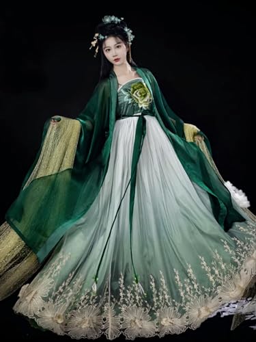 INSTR Chinesische traditionelle Stickerei Hanfu für Damen, Halloween, Karneval, Cosplay, Kostüm, Hanfu, Farbverlauf, grünes Kleid von INSTR