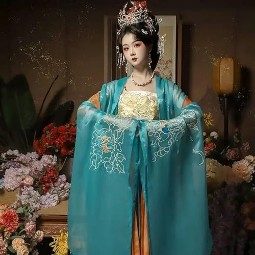 INSTR Hanfu Damenkleid, traditionell, bestickt, Hanfu, Halloween, Fee, Cosplay, Kostüm, Goldblau, Hanfu-Kleid + Mantel von INSTR