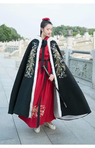 INSTR Hanfu-Umhang für Herren und Damen, traditioneller chinesischer Winterumhang, Schwarz / Rot, mit Kapuze, Kostüm für Paare, Übergröße von INSTR