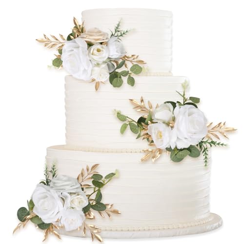 INSUNSIX 3 x Hochzeitstortenaufsätze, weiße Blumen für Kuchendekoration, künstliche Kuchenblumen für Hochzeit, Jahrestag, Geburtstag, Party, Heimdekoration (weiß) von INSUNSIX