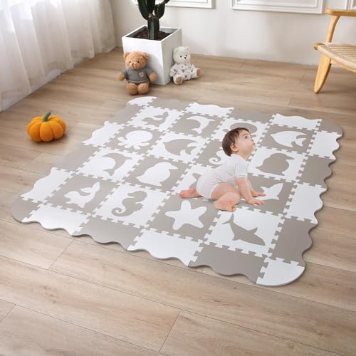 INTOMENG Puzzlematte Baby Play Mat for Floor Interlocking Eva Foam Puzzle Mat Krabbeldecke FüR Baby Druckmuster von Meeresorganismen Krabbelmatte rutschfest 110×142×1cm, Beige Modell 16 von INTOMENG