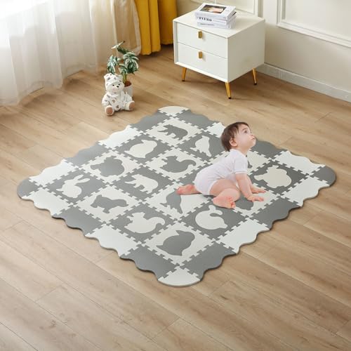 INTOMENG Kindermatte Puzzlematte Baby Play Mat for Floor Interlocking Eva Foam Puzzle Mat Puzzelmatten Spielmatte Schaumstoff Weiße Graue Tierelemente Krabbelmatte Baby 142×142×1cm Modell 11 von INTOMENG