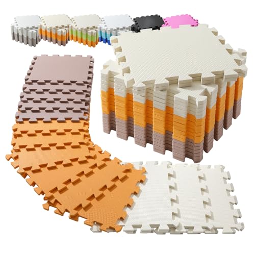 INTOMENG Puzzlematte Baby Play Mat for Floor Interlocking Eva Foam Babymatte Kinderbodenmatte für Babyzimmer & Kinderzimmer Schutzmatten Bodenschutzmatte Set(Orange + Khaki + Weiß) von INTOMENG