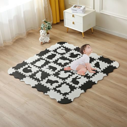 INTOMENG Puzzlematte Baby Play Mat for Floor Interlocking Eva Foam Puzzle Mat Krabbeldecke FüR Baby Tiermuster drucken Krabbelmatte rutschfest 142×142×1cm, Schwarz und weiß Modell 09 von INTOMENG