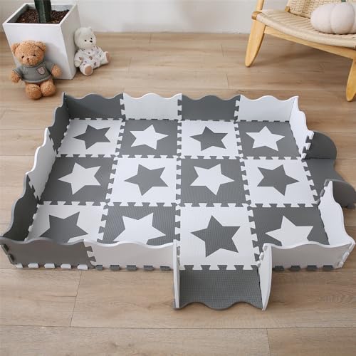 INTOMENG Puzzlematte Baby Spielmatte Kinder Schadstofffrei Grau Krabbelmatte mit Rand Eva Schaumstoff Puzzlematten Puzzleteppich Kinderspielteppich rutschfest 110×142×1cm, Stern grau von INTOMENG