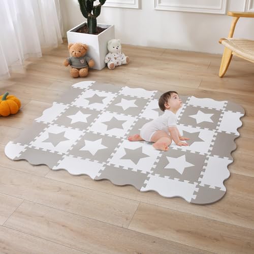 INTOMENG Kindermatte Puzzlematte Baby Play Mat for Floor Interlocking Eva Foam Puzzle Mat Krabbeldecke FüR Baby Sternmuster drucken Krabbelmatte rutschfest 110×142×1cm,Beige Modell 14 von INTOMENG