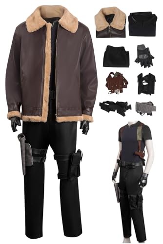 IOONCHI Leon Kennedy Cosplay Jacke RE4 Remake Leon Kostüm Mantel Hose Handschuhe Outfits Braun Uniform Halloween Komplettes Set (Mantel, Medium) von IOONCHI