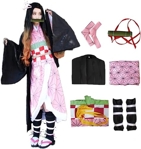 Demon Slayer Cosplay Kostüme Kamado Nezuko Kimono Set Frauen Robe Japanische Anime Kostüm Halloween Kimono Outfit (M, Kamado Nezuko) von IOPBOT