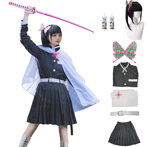 IOPBOT Kanao-Cosplay-Kostüm für Erwachsene, Anime, Kimonos, Umhang, Uniform, Rock, Halloween-Outfit mit Zubehör (Schwarz-Set, Größe 2XL) von IOPBOT
