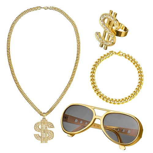 IOPJLK Dollar Kette Set, 4 Stück Goldkette Kostüm, Zuhälter Kostüm Hip Hop Rapper Kette Gold Punk Goldring Fasching & Karneval für 70er 80er 90er Jahre Accessoires IOPJLK Dollar Kette Set, 4 Stück Goldkette Kostüm, Zuhälter Kostüm Hip Hop Rapper Kette Gold Punk Goldring Fasching & Karneval für 70er 80er 90er Jahre Accessoires von IOPJLK