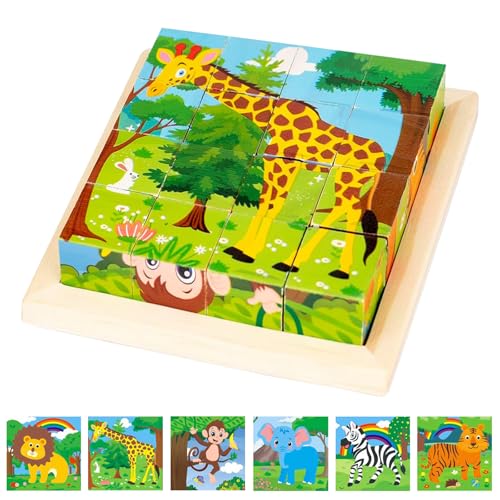 Würfelpuzzle Holz, 3D Bilderwürfel Puzzlespiele, 6 in 1 Tier-Motive Holzpuzzle Montessori Spielzeug mit 16 Würfel Lernspielzeug Holzspielzeug Geschenk für ab 1-8Jahren Jungen und Mädchen (Wildtiere A) Würfelpuzzle Holz, 3D Bilderwürfel Puzzlespiele, 6 in 1 Tier-Motive Holzpuzzle Montessori Spielzeug mit 16 Würfel Lernspielzeug Holzspielzeug Geschenk für ab 1-8Jahren Jungen und Mädchen (Wildtiere A) von IOPJLK