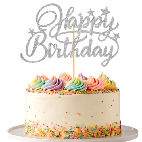 Happy Birthday Tortenaufsatz, glitzernde Happy Birthday-Kuchendekoration, handgefertigtes Jubiläumsparty-Kuchenzubehör (Silber) von IPAIDUI