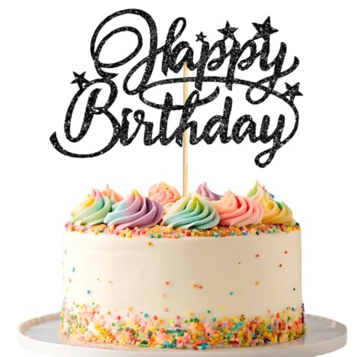 Happy Birthday Tortenaufsatz, glitzernde Happy Birthday-Kuchendekoration, handgefertigtes Jubiläumsparty-Kuchenzubehör (schwarz) von IPAIDUI