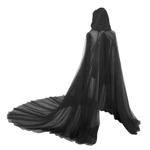 Damen Hochzeit Tüll Umhang Kapuzenumhang Poncho Halloween volle Länge Hochzeit Cosplay Brautkleid Robe mit langer Schleppe, Schwarz, Einheitsgröße von IPENNY