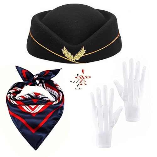 IPENNY 4 Stücke Frauen Flugbegleiterin Kostüm Set Stewardess Kostüm Set mit Flugbegleitermütze Schal Handschuhe Flugzeugbrosche für Damen Halloween Cosplay Karneval Kostüm Zubehör IPENNY 4 Stücke Frauen Flugbegleiterin Kostüm Set Stewardess Kostüm Set mit Flugbegleitermütze Schal Handschuhe Flugzeugbrosche für Damen Halloween Cosplay Karneval Kostüm Zubehör von IPENNY