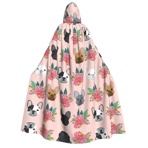 IPPONGET Kapuzenumhang mit französischer Bulldogge und Blumen, Unisex, für Erwachsene, für Halloween, Cosplay, Renaissance-Messen von IPPONGET