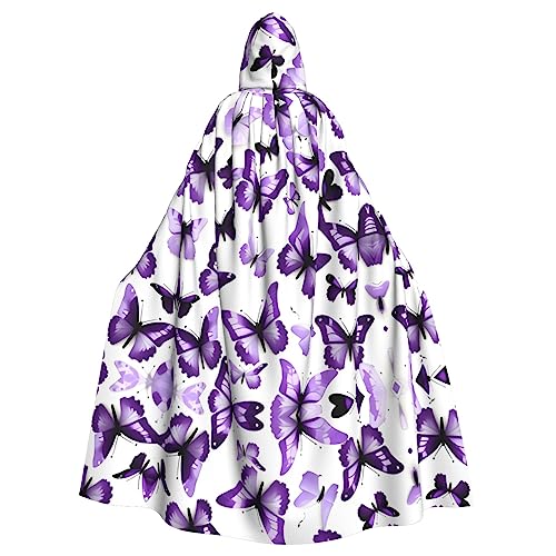 IPPONGET Weiß-violetter Schmetterlings-Druck, Unisex, volle Länge, mit Kapuze, gruseliges Halloween-Kostüm, Zubehör, mittelalterliche Hexe, Vampir von IPPONGET