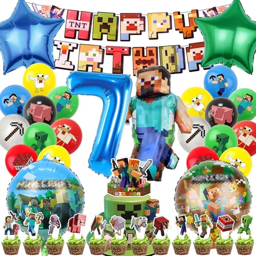 IRONIUM 48 Stück Pixe Geburtstagsdeko 7 Jahre Junge, Videospiel Luftballons Geburtstag Party Set, Party Deko Ballon Set für Kinder (7) von IRONIUM