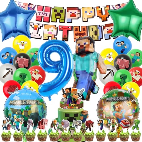 IRONIUM 48 Stück Pixe Geburtstagsdeko 9 Jahre Junge, Videospiel Luftballons Geburtstag Party Set, Party Deko Ballon Set für Kinder (9) von IRONIUM