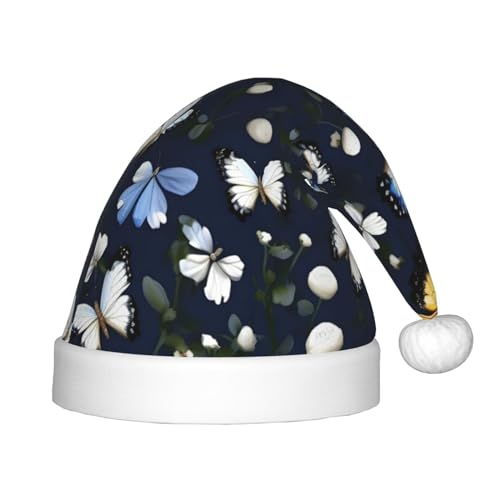 IRSHI Weiße Blüten mit blauen Schmetterlingen für Kinder, Weihnachtsmannmütze, Uni, Weihnachtsdruck für Kinder, perfekte Weihnachtsfeiertage für die Weihnachtszeit IRSHI Weiße Blüten mit blauen Schmetterlingen für Kinder, Weihnachtsmannmütze, Uni, Weihnachtsdruck für Kinder, perfekte Weihnachtsfeiertage für die Weihnachtszeit von IRSHI