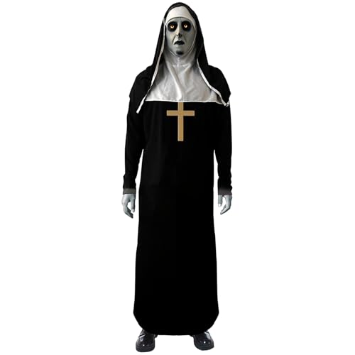 IRWOY Halloween Nonne Kostüm, Scary Nonne Outfit mit The Nun Horror Maske Kreuz Halskette Priester Halloween Kostüm Schwarz für Erwachsene - Verkleidung Partys Cosplay, Karneval & Halloween (M) von IRWOY