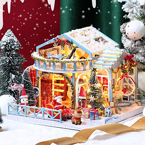 Häuser für Minipuppen,DIY Weihnachten Miniatur Haus Puppenhaus Kit, 3D Holzhaus Modell Handwerk mit Santa Claus Rentier Schneenacht Möbeln Musik Licht Dollhouse,Geschenk Spielzeug für Kinder von ISAKEN